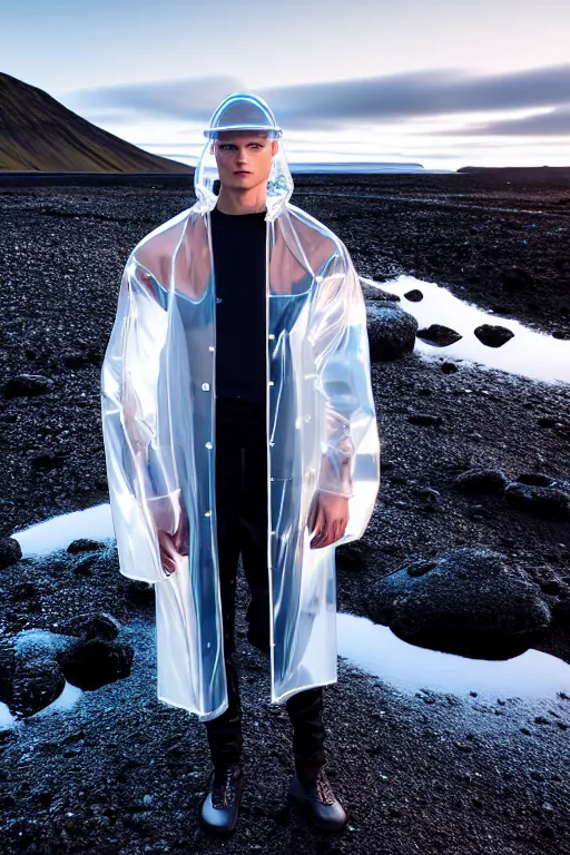 Image similar to an ultra high definition professional high fashion portrait studio full length photograph of a male model wearing a transparent pearlescent raincoat and neon visor in an icelandic black rock environment at dawn. no artefacts. extremely detailed. stark. refraction. shallow depth of field. volumetric light and shadow. ray tracing. light rays.