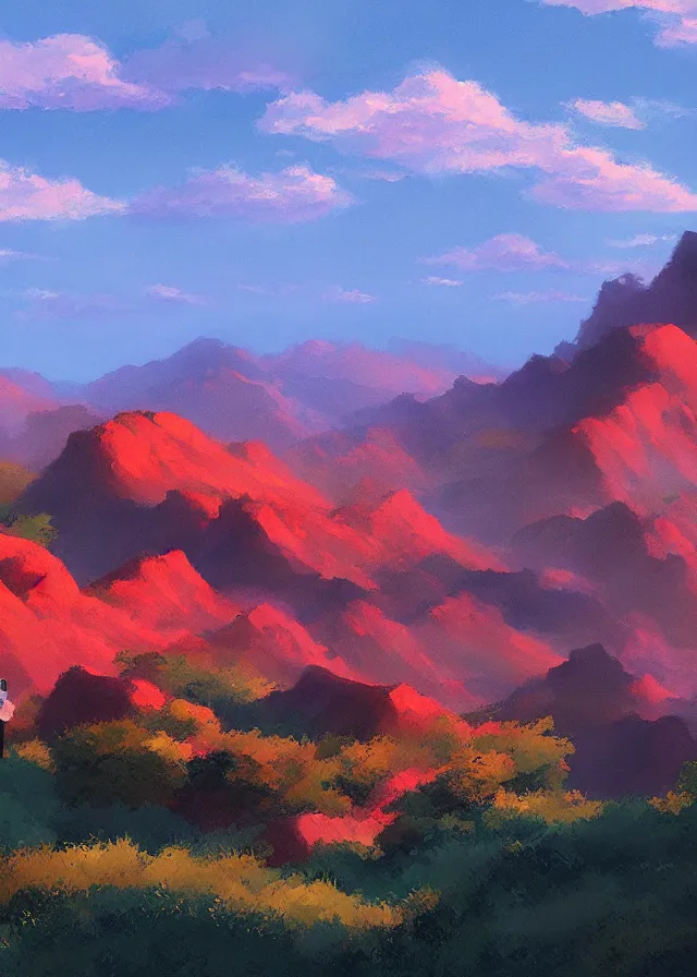 Prompt: landscape with red mountains, makoto shinkai