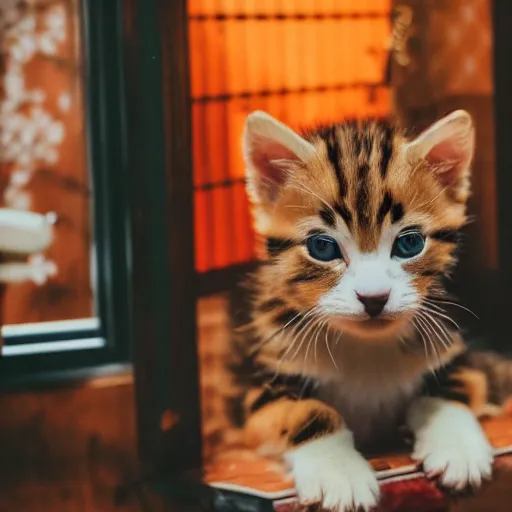 Image similar to puppy kitten inside a japanese thrift store, cinematic light, warm colours, atmospheric, bokeh, 8 k photography