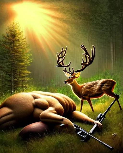 Image similar to a large potato shooting a deer with a rifle in the woods with sun high above and cloudy, ultra realistic, concept art, intricate details, highly detailed