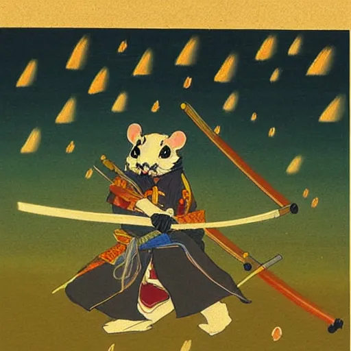 Image similar to japanese hamster samurai. with long sword. anime art. painting. rain of meteors on background