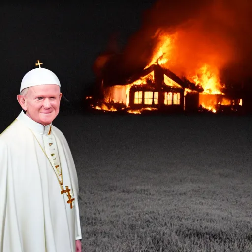 Image similar to photograph of a small protestant church burning, john paul ii standing in front of it, night, pitch black