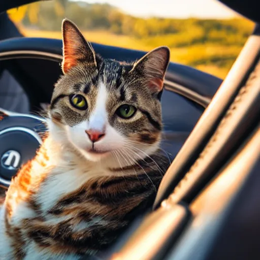 Image similar to cat sitting in driver seat of a cabriolet, paws touching steering wheel, golden hour, top view