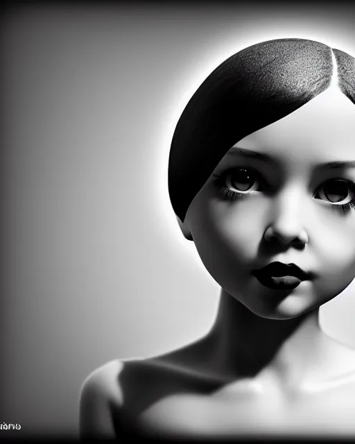 Prompt: a black and white photo of a dolly young feminine cyborg, halo, photorealistic, artistic, poetic, 8 k,