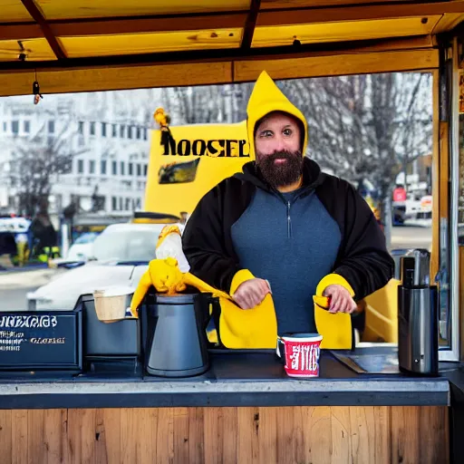 Image similar to a moose with a yellow hoodie selling coffee at a stand in downtown peterborough new hampshire, realistic, 8 k