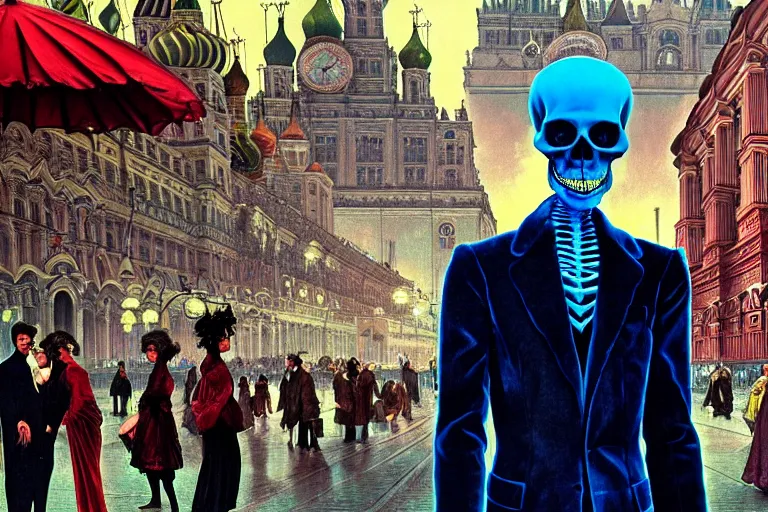 Image similar to realistic detailed photorealistic film portrait shot of a single skeleton wearing crimson velvet blazer in a crowded futuristic moscow street by Denis Villeneuve, Amano, Yves Tanguy, Alphonse Mucha, Ernst Haeckel, Andrei Tarkovsky, Edward Robert Hughes, Roger Dean, rich moody colours, wide angle, blue eyes