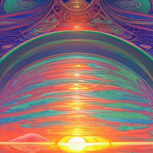 Prompt: insanely psychedelic ocean, ripples, backlit, sunset, refracted lighting, outdoors, paisley pattern, elegant, 8 k resolution, intricate and fine details, digital painting, artstation, illustration, psychedelic ocean art, krenz cushart, alphonse mucha, edmund leighton