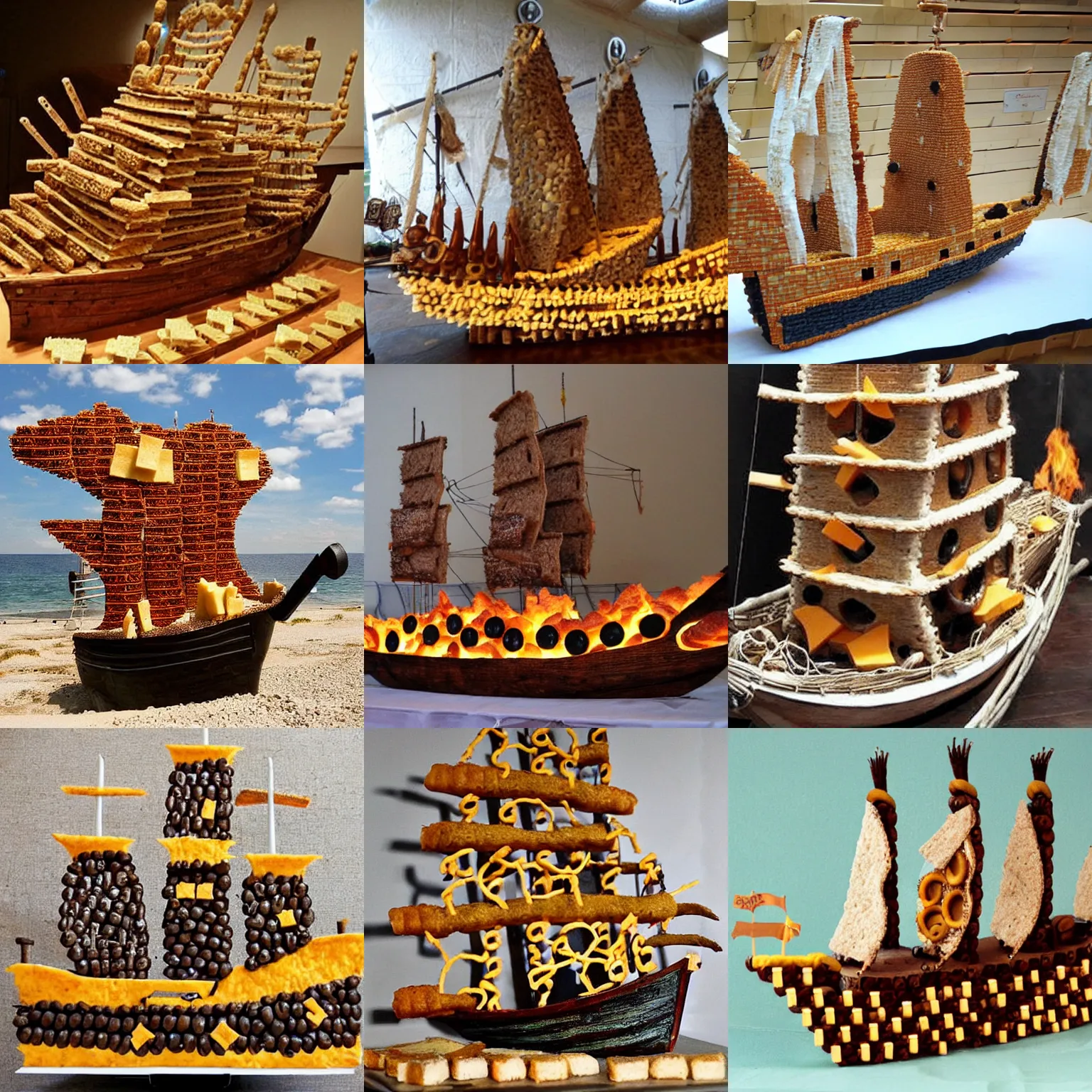 Prompt: a pirate ship made out of cheese fires olives at a merchant ship made out of bread