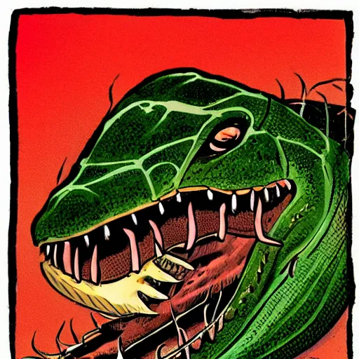 Prompt: a close up illustration of an aggressive copperhead snake with its fangs and tongue showing. illustrated in the style of hardy boys book covers by illustrator gino d ’ achille