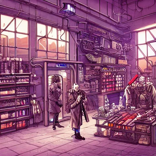 Prompt: cyberpunk merchant in their shop, Industrial Scifi, detailed illustration, Chiaroscuro, character art, by Martin Grip and Moebius