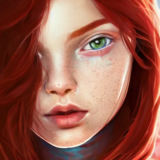 Image similar to portrait of a teen girl with freckles with long red hair and bright brown eyes, 8 k, highly detailed, digital painting, artstation, sharp focus, illustration