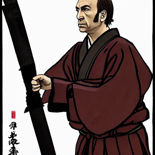 Prompt: saul goodman from breaking bad wearing samurai armor and holding a katana in feudal japan, 4 k, hyper realistic, ink block painting, edo period