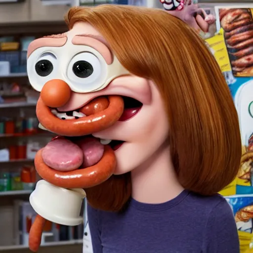 Image similar to hyperrealistic emma stone caricature surrounded by big fat frankfurter sausages by bob byerley and aardman animation, mascot, target reticles