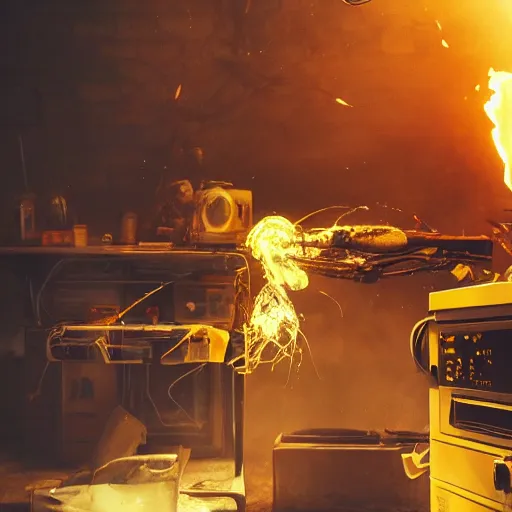 Image similar to cyborg with toaster oven chest, dark messy smoke - filled cluttered workshop, dark, dramatic lighting, orange tint, sparks, cinematic, highly detailed, sci - fi, futuristic, movie still