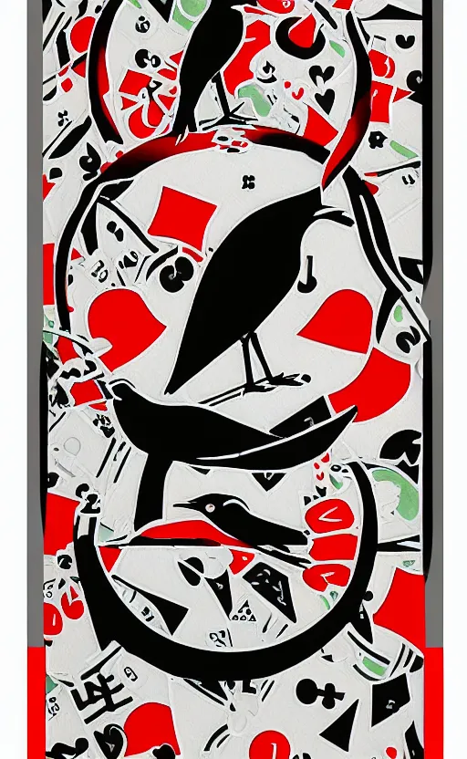 Prompt: poker game card design, simple, modern style, solid colors, japanese crane bird in center, pines symbol in the corners, vivid contrasts, designed by junior cards, kickstarter