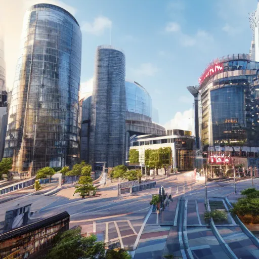 Image similar to tokyo and london city 2055 outdoor plaza photograph, unreal engine 4k concept art render octane