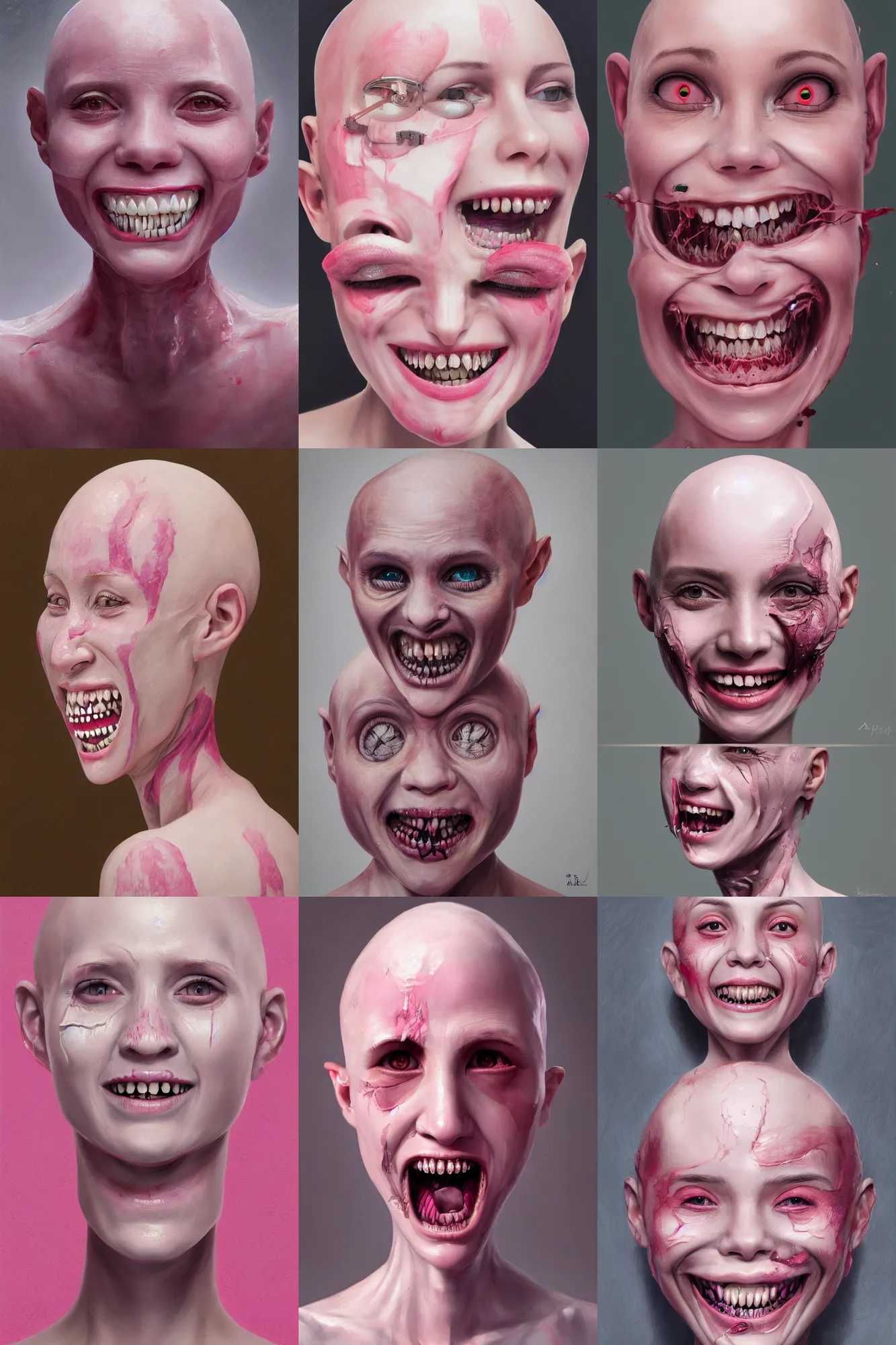 Prompt: haunting horrifying detailed painting a bald girl, with white - pink skin without eyes, who smiles and has many teeth hyper detailed, trending on artstation