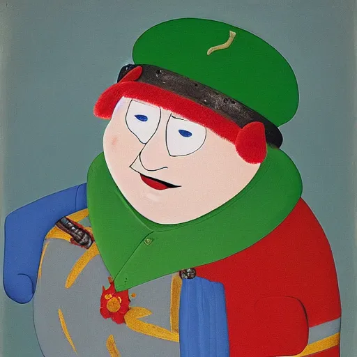 Prompt: a deliriously happy king Eric Cartman, portrait oil painting by Otto Dix, oil on canvas (1921)