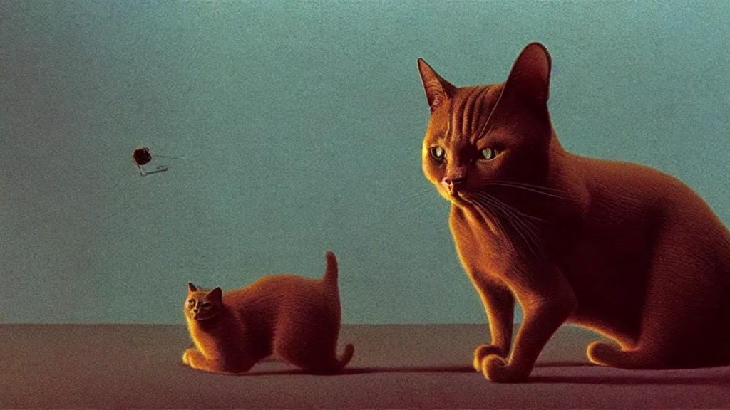 Prompt: the forbidden cat, film still from the movie directed by denis villeneuve and david cronenberg with art direction by salvador dali and zdzisław beksinski, wide lens