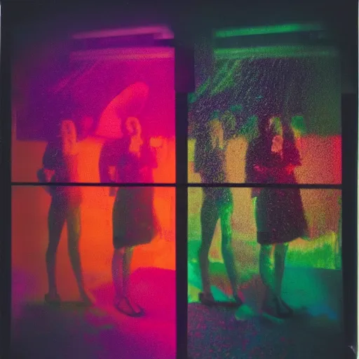 Image similar to Polaroid of LSD DREAM SIMULATOR, silhouettes, threes, rain, reflection, double exposure, dramatic low-key neon lighting, light painting