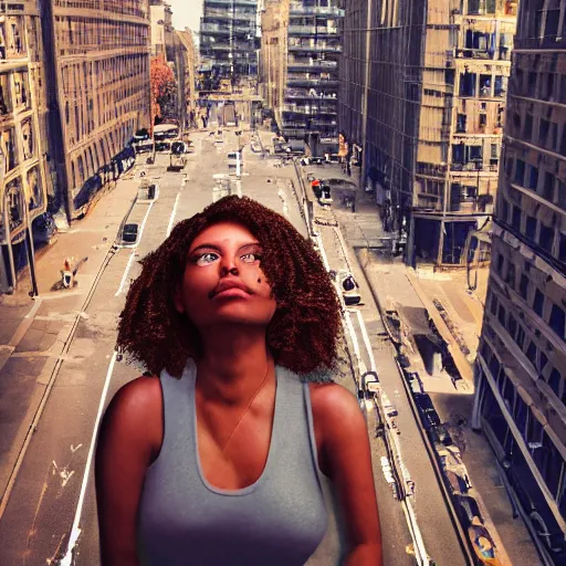 Prompt: a woman, creative, brown skin, giant, digital art, in the city, photo manipulation, down there, colossal, smoke, artstation, buildings, houses, cars, street, sky, vibrant colors