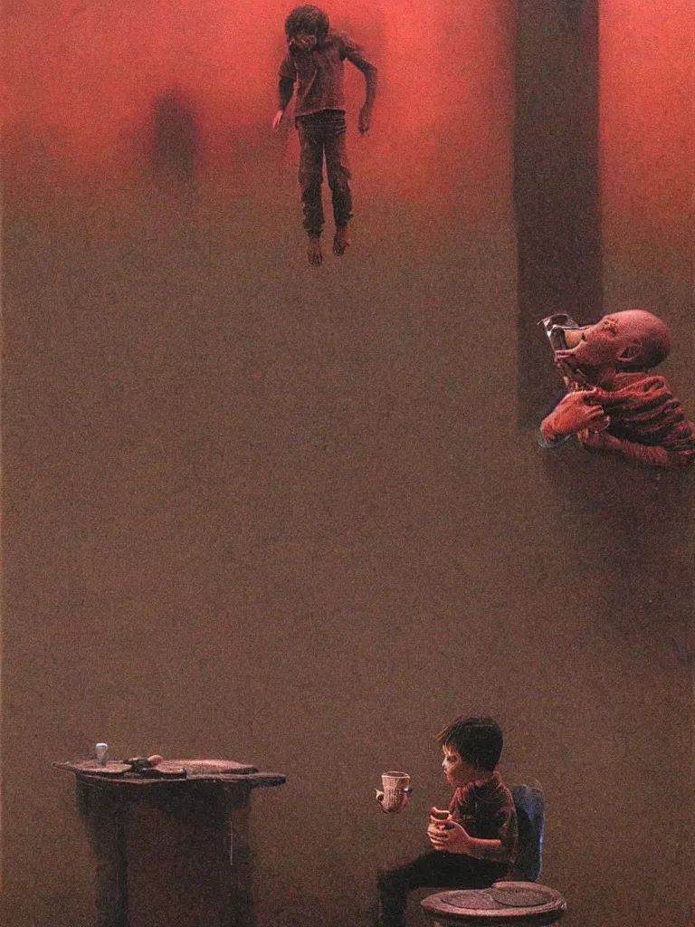 Image similar to boy drinking coffee, psx game graphics , Beksinski painting