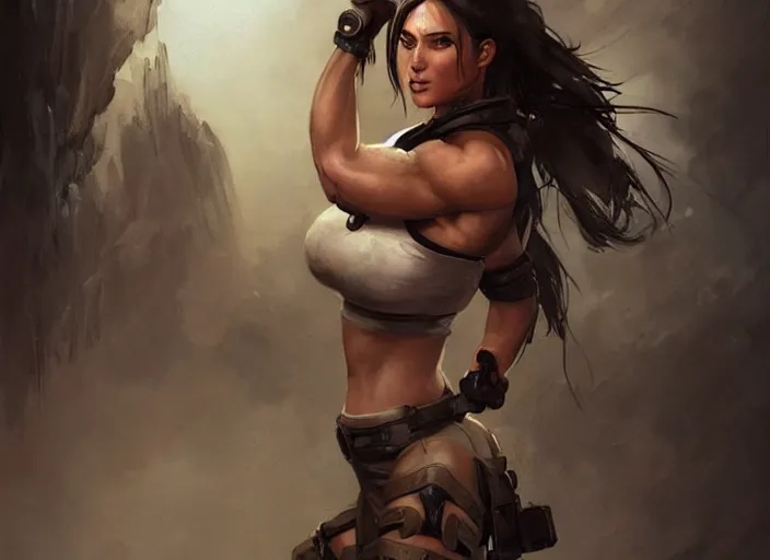 Image similar to portrait of lara croft as a beautiful female bodybuilder android with plump lips, elegant, fantasy, hd shot, digital portrait, beautiful, artstation, comic style, by artgerm, guy denning, jakub rozalski, magali villeneuve and charlie bowater