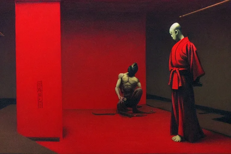 Image similar to only with red, a red samurai do seppuku, tokio, a lot of frogs watch, in the style of beksinski, parts by edward hopper, parts by rodcenko, parts by yue minjun, intricate and epic composition, red by caravaggio, insanely quality, highly detailed, masterpiece, red light, artstation, 4 k