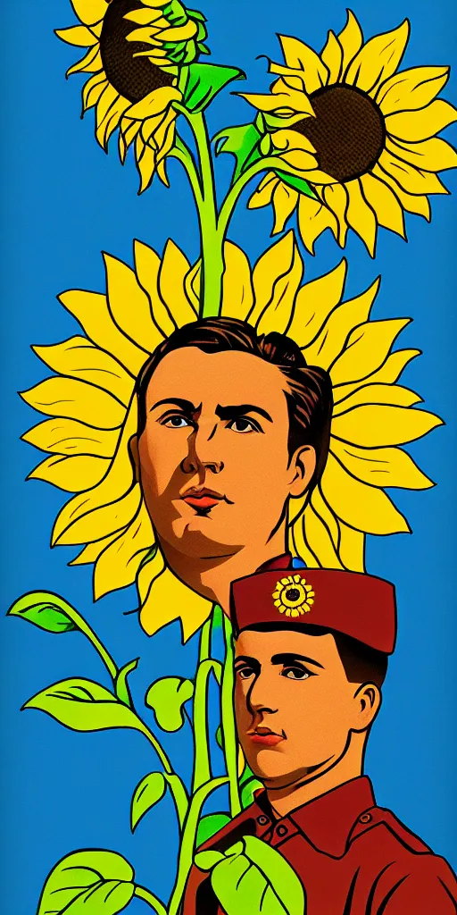 Prompt: Communist Propaganda Poster of a soldier in a sunflower field.