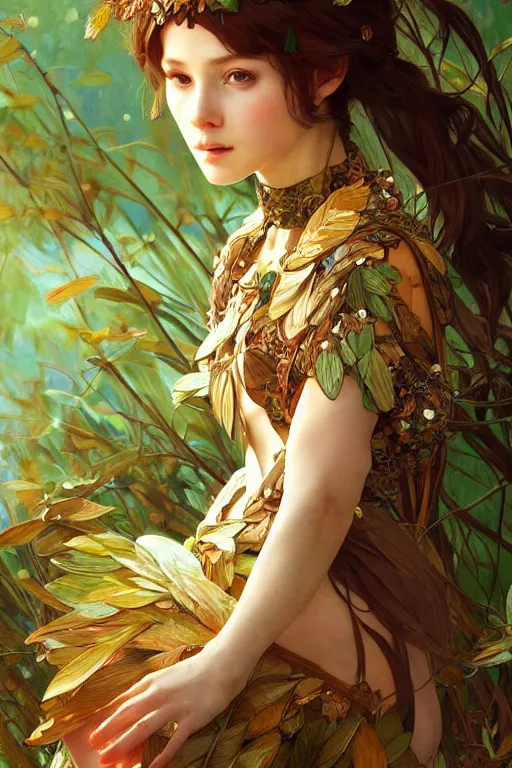 Image similar to beautiful ancient girl in makeshift leaf armor, highly detailed, digital painting, artstation, sharp focus, illustration, art by tan zi and ayanamikodon and alphonse mucha and wlop