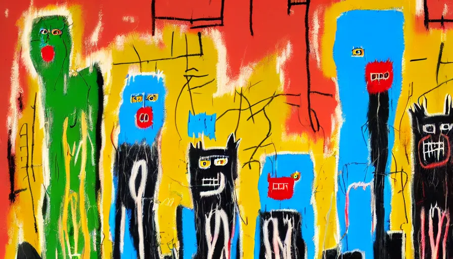 Image similar to highly detailed contemporary acrylic painting of really tall sitting cats by jean - michel basquiat, thick brush strokes and visible paint layers, dense overgrown forest background, vivid pastel color scheme