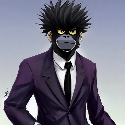 Image similar to a anime style digital art of a purple fur gorilla wearing a black suit, black pants, black shoes and a black, trending on arstation, ilya kuvshinov