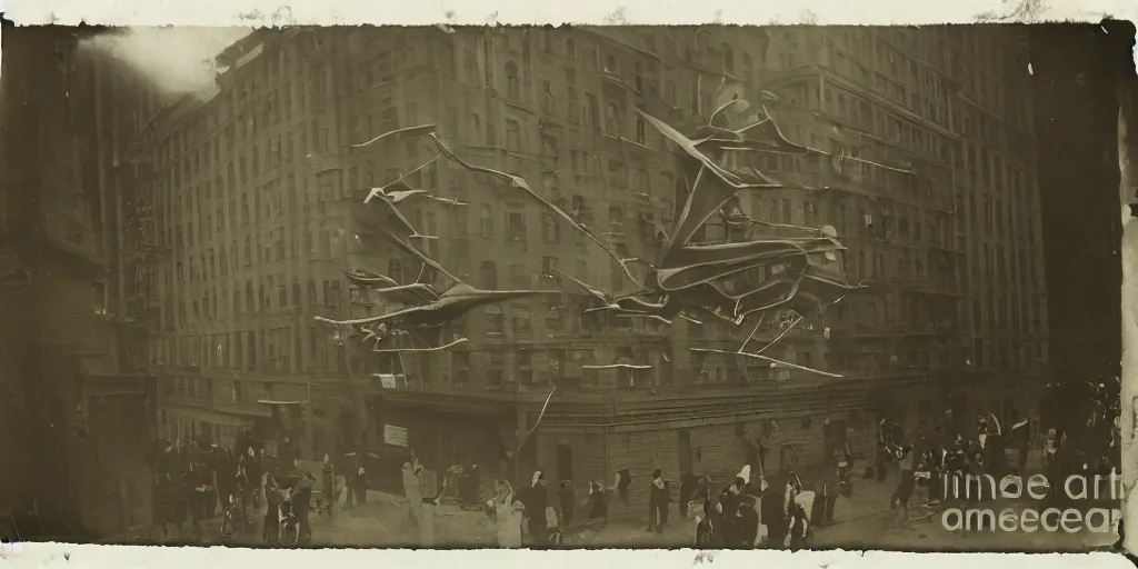 Prompt: a few people run from building as cameraman points at large flying monster, 1 9 0 0 s photograph