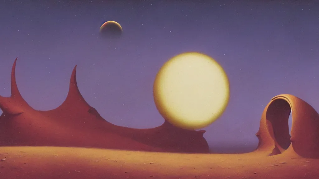 Image similar to mysterious sculpture of an alien crescent moon by paul lehr and john schoenherr, cinematic matte painting