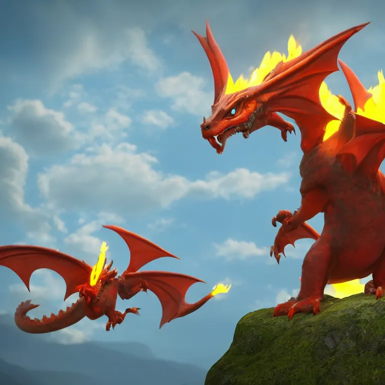 Prompt: a render of a cute wyvern dragon with large wings and bright eyes, sitting on a rock, breathing fire. in the style of pixar animation. 8 k. trending on artstation.