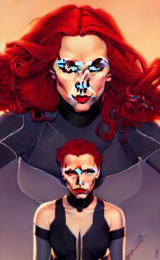 Image similar to rafeal albuquerque comic art, joshua middleton comic art, artgerm, cinematics lighting, night time, pretty scarlett johansson black widow, big smirk, symmetrical face, symmetrical eyes, long red hair, full symmetrical body, flying in the air, jumping off rooftop