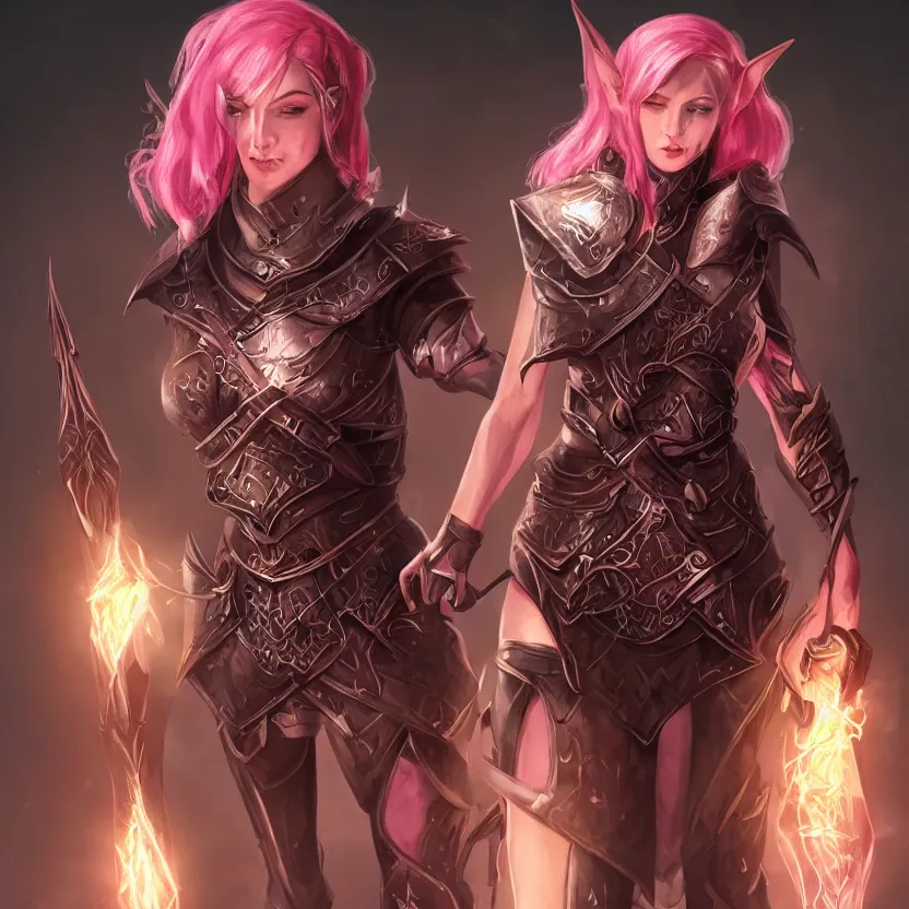 Prompt: sexy short pink haired half elf woman doing healing magic wearing black metal armor with a shield, dungeons and dragons, cleric, character art, character design, illustration, 4 k, 8 k, artstation, hyper detailed, back lighting