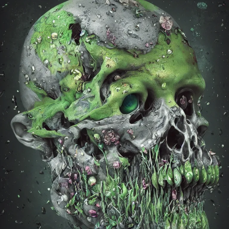 Image similar to A beautiful oil painting hyperrealism of a decayed zombie head, green bulging eyes, rotten green skin, grey beard, blue veins, skull bones flowers, 8k resolution, octane render, Trending on artstation, by Gediminas Pranckevicius, volumetric light 2blue fractal Thunder glow by dan mumford, anaglyph effect, Laurie Lipton