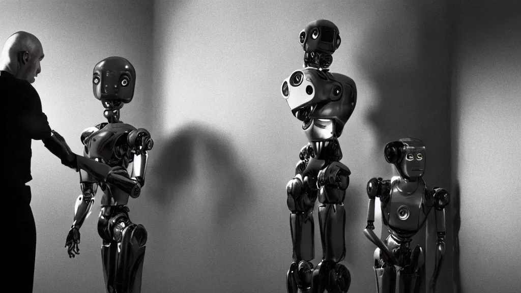 Image similar to movie scene of a man and a robot having a moment of jealousy, movie still, cinematic composition, cinematic light, by david lynch and gaspar noe