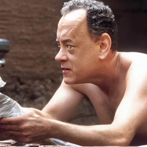 Prompt: Tom Hanks eating a pile of dirt on all fours in his boxers