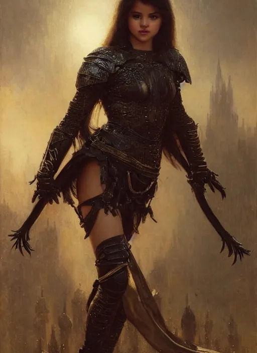 Prompt: young beautiful mischievous selena gomez wearing black medieval armour, bare legs, detailed, by gaston bussiere, bayard wu, greg rutkowski, giger, maxim verehin, greg rutkowski, masterpiece, sharp focus, cinematic lightning