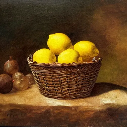 Image similar to a lemon in a basket of fruits in a forest, oil painting