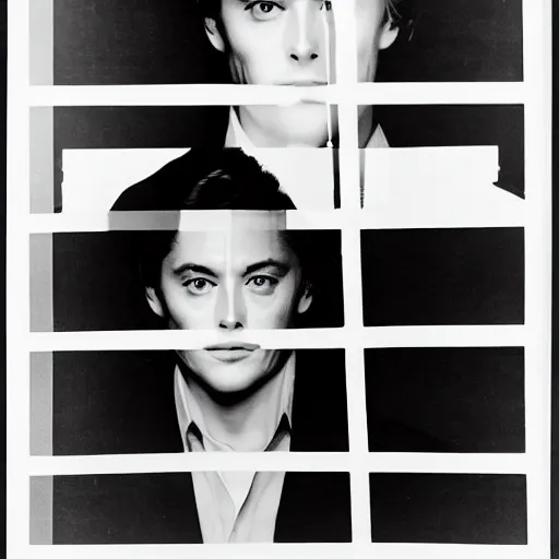 Image similar to stunning symmetrical portrait of alain delon in front of a ( ( ( tall moog synthesizer ) ) ), high contrast grainy blank and white photography print ilford warm tone, huge modular synthesizer