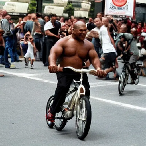 Image similar to mike tyson riding an extremely tiny bike