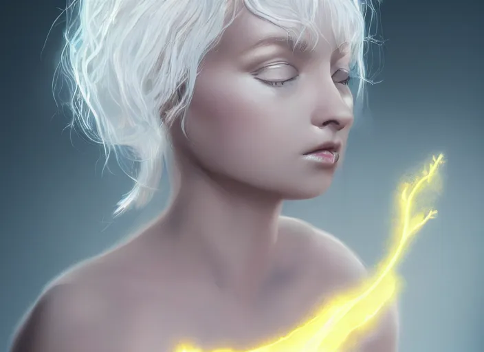 Image similar to girl with silk glowing white hair with glowing white stings coming out of her hands, concept digital art trending on artstation oilpaint