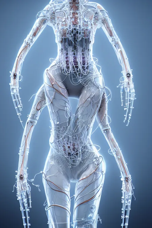 Image similar to young asian woman, iris van herpen, perfect symmetrical body, full body shot, inflateble shapes, wires, tubes, veins, jellyfish, white biomechanical details, wearing epic bionic cyborg implants, masterpiece, intricate, biopunk, vogue, highly detailed, artstation, concept art, cyberpunk, octane render