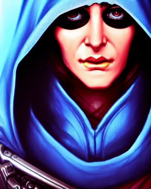 Image similar to ana from overwatch, blue hooded cloak, eye patch, older woman, character portrait, portrait, close up, highly detailed, intricate detail, amazing detail, sharp focus, vintage fantasy art, vintage sci - fi art, radiant light, caustics, by boris vallejo