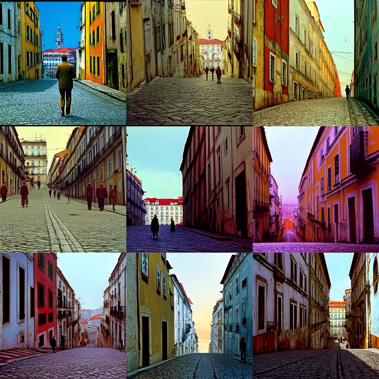 Prompt: The Street of Lisbon, film still from the movie directed by Wes Anderson with art direction by Zdzisław Beksiński, wide lens