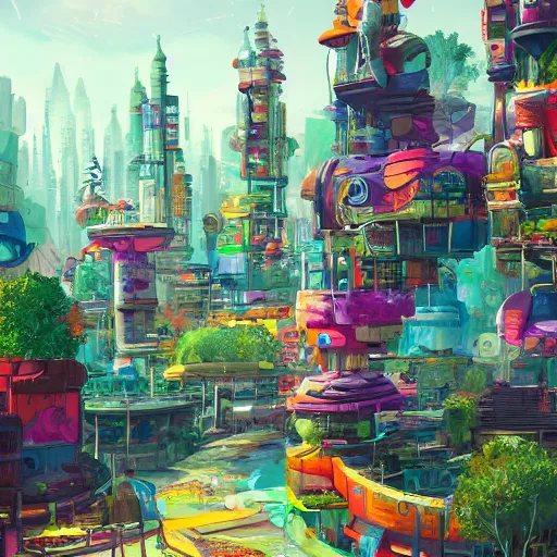 Prompt: Lively, colorful, solarpunk fantasy city. Trending on ArtStation