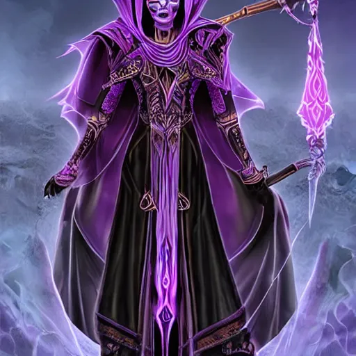 Image similar to an attractive female necromancer mage symmetrical, donned in black cloak with purple staff